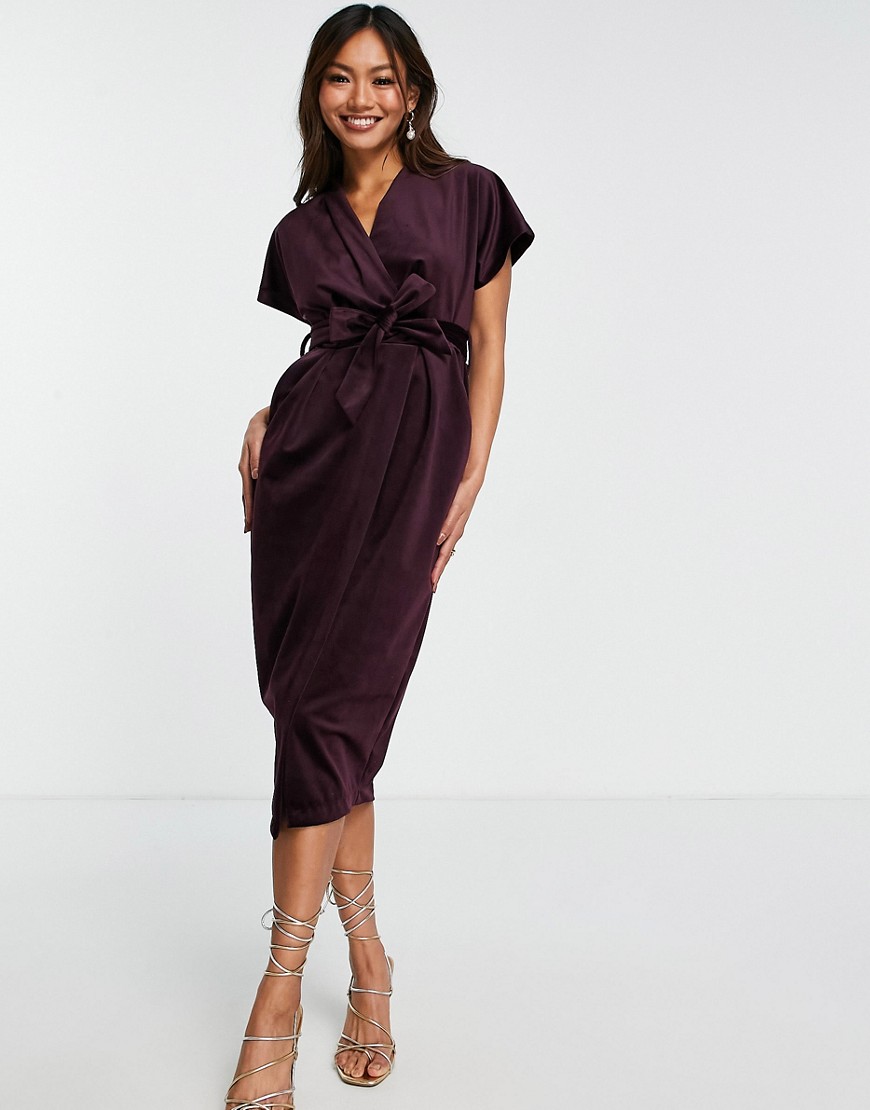 Closet London kimono sleeve velvet midi dress with wrap tie in plum-Purple