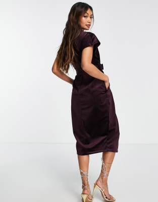 asos velvet plunge kimono midi dress with tie waist ASOS Asos Velvet Plunge Kimono Midi Dress With Tie Waist in Blue