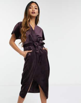 Closet London kimono sleeve velvet midi dress with wrap tie in plum-Purple