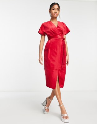 kimono sleeve velvet midi dress with wrap tie in red