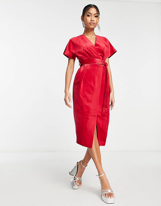 Closet London - kimono sleeve velvet midi dress with wrap tie in red