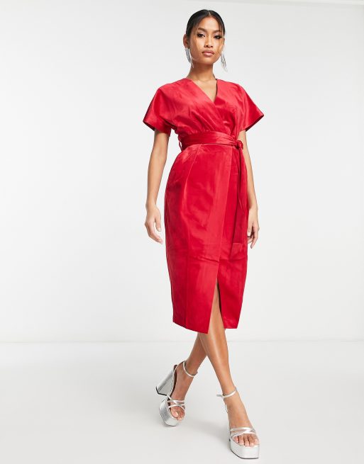 Closet London Kimono Sleeve Velvet Midi Dress with Wrap Tie in Red