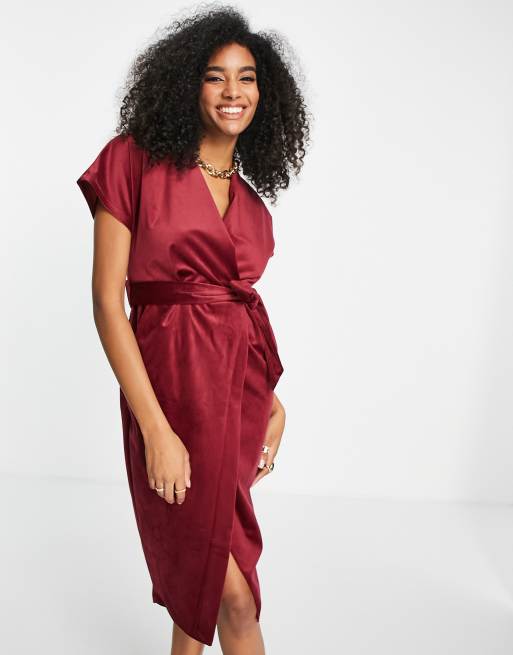 Closet London kimono sleeve velvet midi dress with wrap tie in wine red