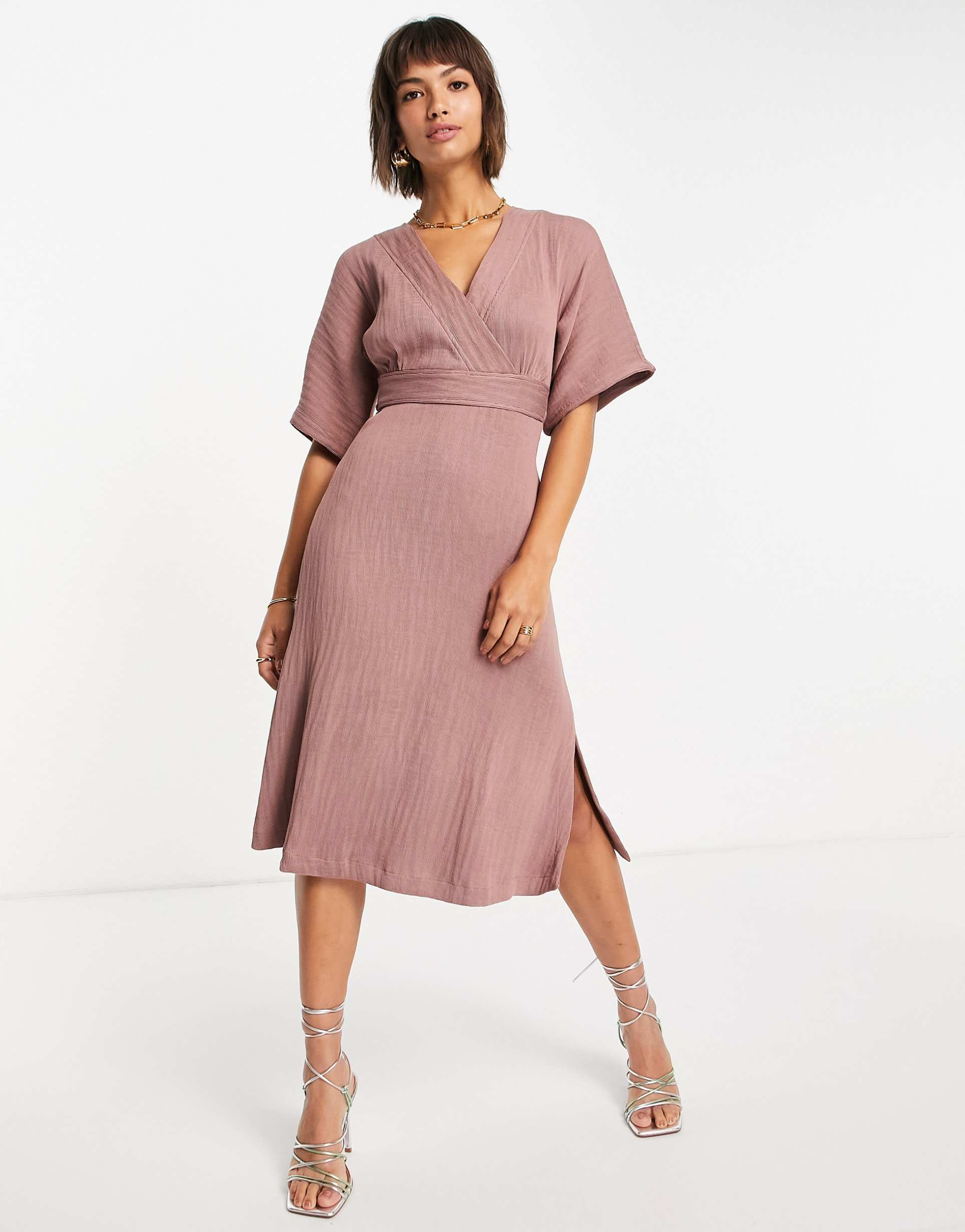 closet london kimono sleeve wrap front midi dress in winter rose