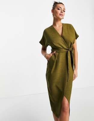 Closet London kimono wrap dress in olive green