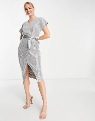 Closet London Kimono Wrap Sequin Midi Dress In Silver