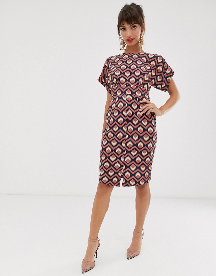 Closet London knee length wiggle dress in tile print-Multi