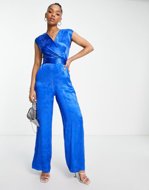 Closet London – Koboltblå blommig jumpsuit med omlottdesign framtill av jacquardväv