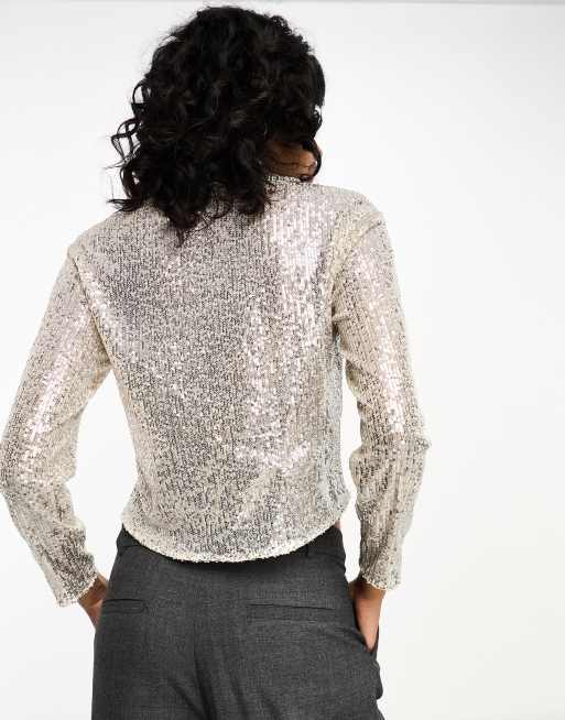 Closet London – Kurze, locker geschnittene Bluse mit Pailletten in Silber, 2 von 4