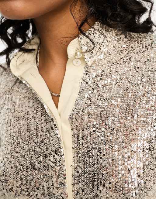 Closet London – Kurze, locker geschnittene Bluse mit Pailletten in Silber, 3 von 4