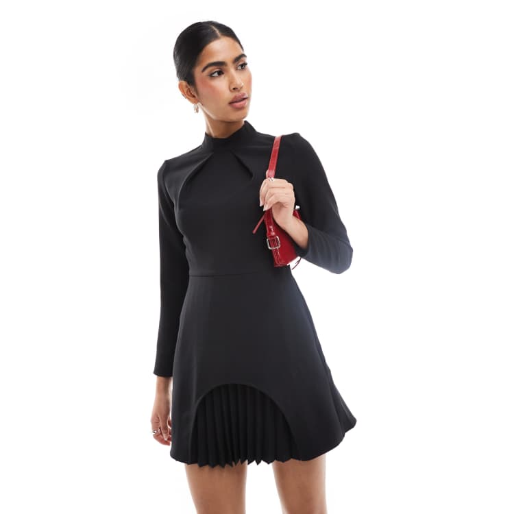 chinese dress ladies Mac Duggal Shimmering Pleated A-Line 3/4 Sleeve Gown - Black main image 0
