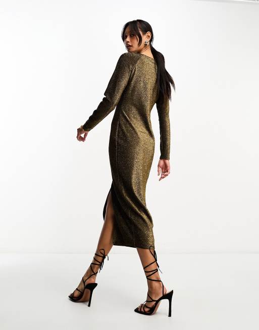 long sleeve metallic midi dress Long-Sleeve V-Neck Metallic Midi Dress