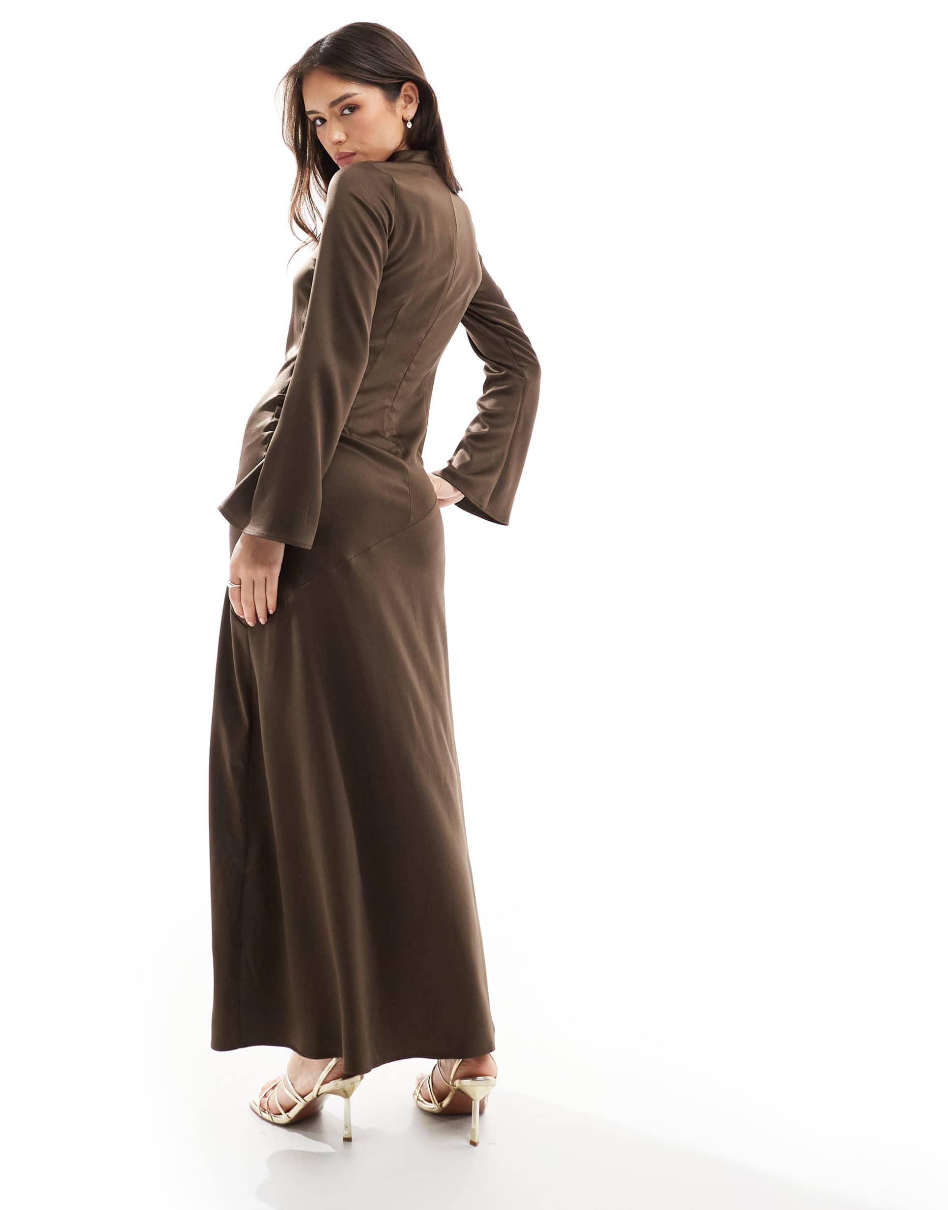 closet london long sleeve satin drape maxi dress in chocolate