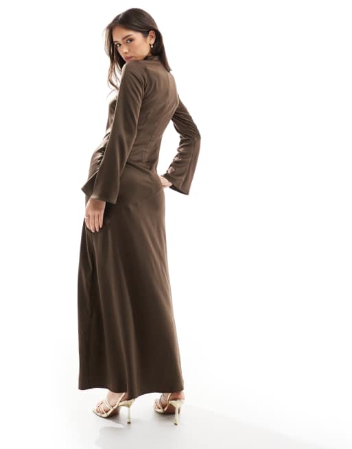 Closet London long sleeve satin drape maxi dress in chocolate, 2 of 4