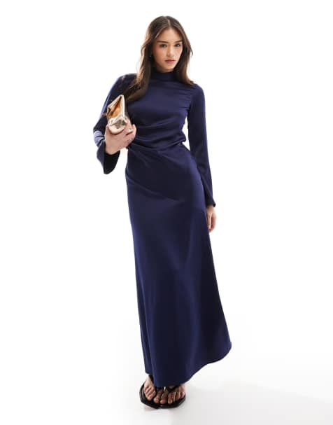 Closet London long sleeve satin drape maxi dress in navy