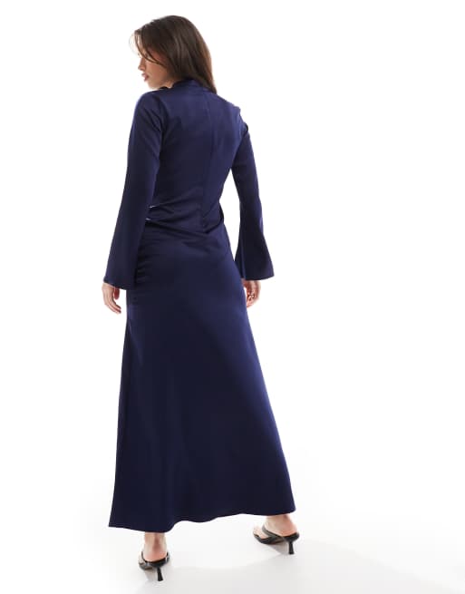 Closet London long sleeve satin drape maxi dress in navy