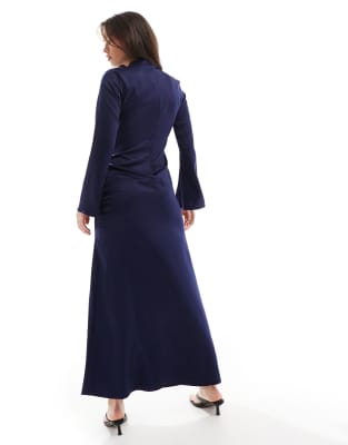 Closet London long sleeve satin drape maxi dress in navy