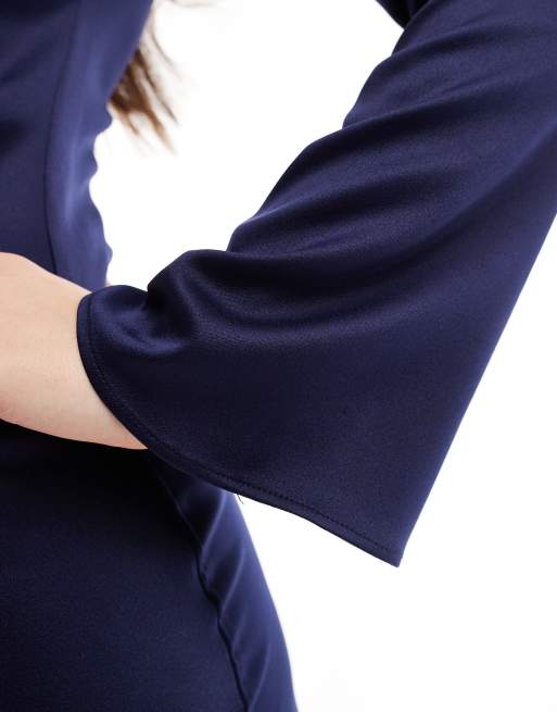 Closet London long sleeve satin drape maxi dress in navy