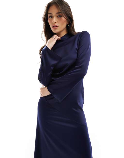 Closet London long sleeve satin drape maxi dress in navy