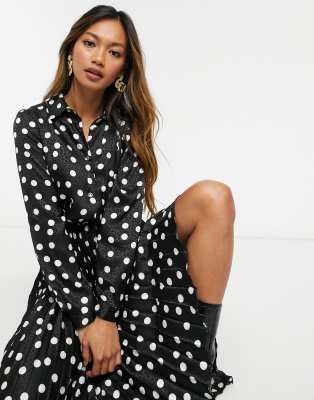 White Polka Dot Print Midi Shirt Dress In Black, FS Collection