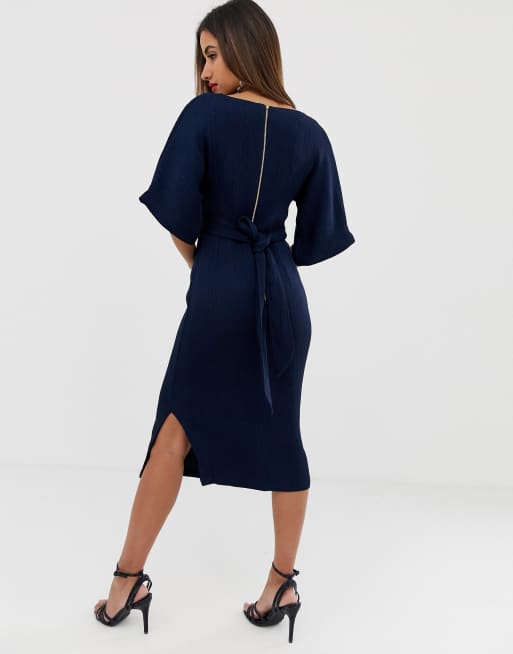 Closet London – Marinblå ribbad fodralklänning med knytskärp, 2 av 4