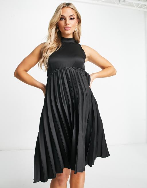 Black keyhole pleated midi dress with pleated skirt hotsell