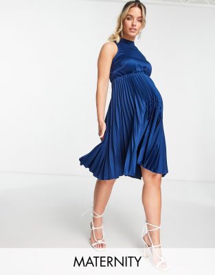 Closet London Maternity high neck pleated midi dress in navy