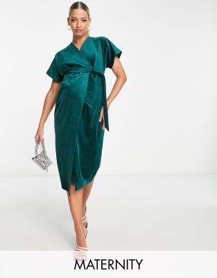 kimono sleeve velvet midi dress with wrap tie in emerald-Green