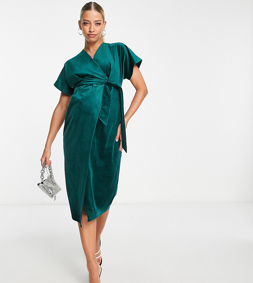 kimono sleeve velvet midi dress with wrap tie in emerald-Green