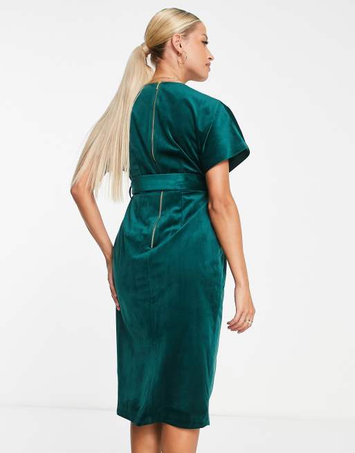 Closet London Maternity kimono sleeve velvet midi dress with wrap tie in  emerald | ASOS