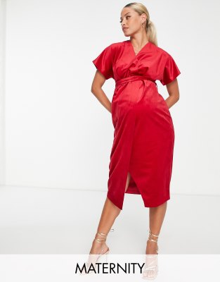 Closet London Maternity Kimono Sleeve Velvet Midi Dress With Wrap Tie In Red