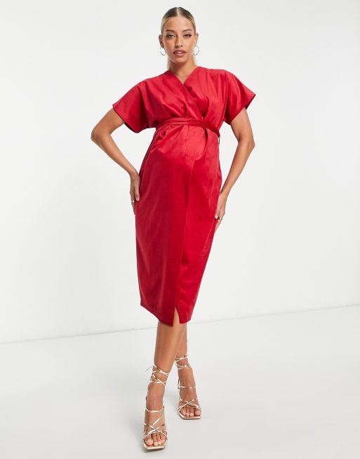 Closet London Maternity kimono sleeve velvet midi dress with wrap tie in red