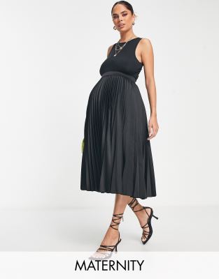 Black Pleated Maternity Midi Skirt