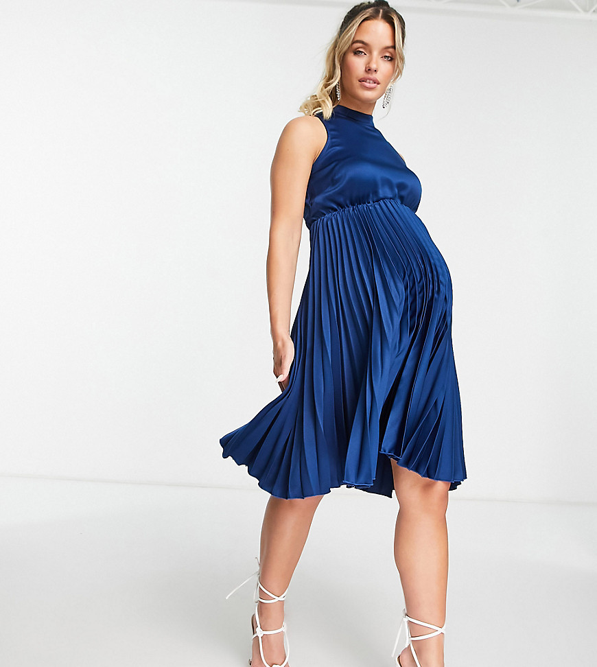 closet london maternity - plisseret højhalset midikjole i marineblå