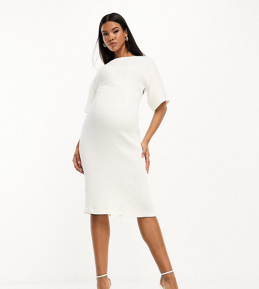Closet London Maternity ribbed pencil midi dress in cream-White