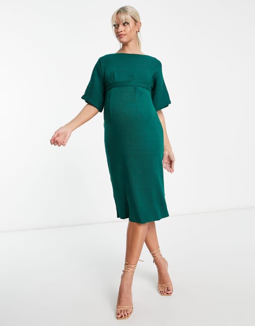 Closet London Maternity ribbed pencil midi dress in emerald | ASOS