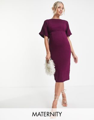 ribbed pencil midi dress in plum-Red