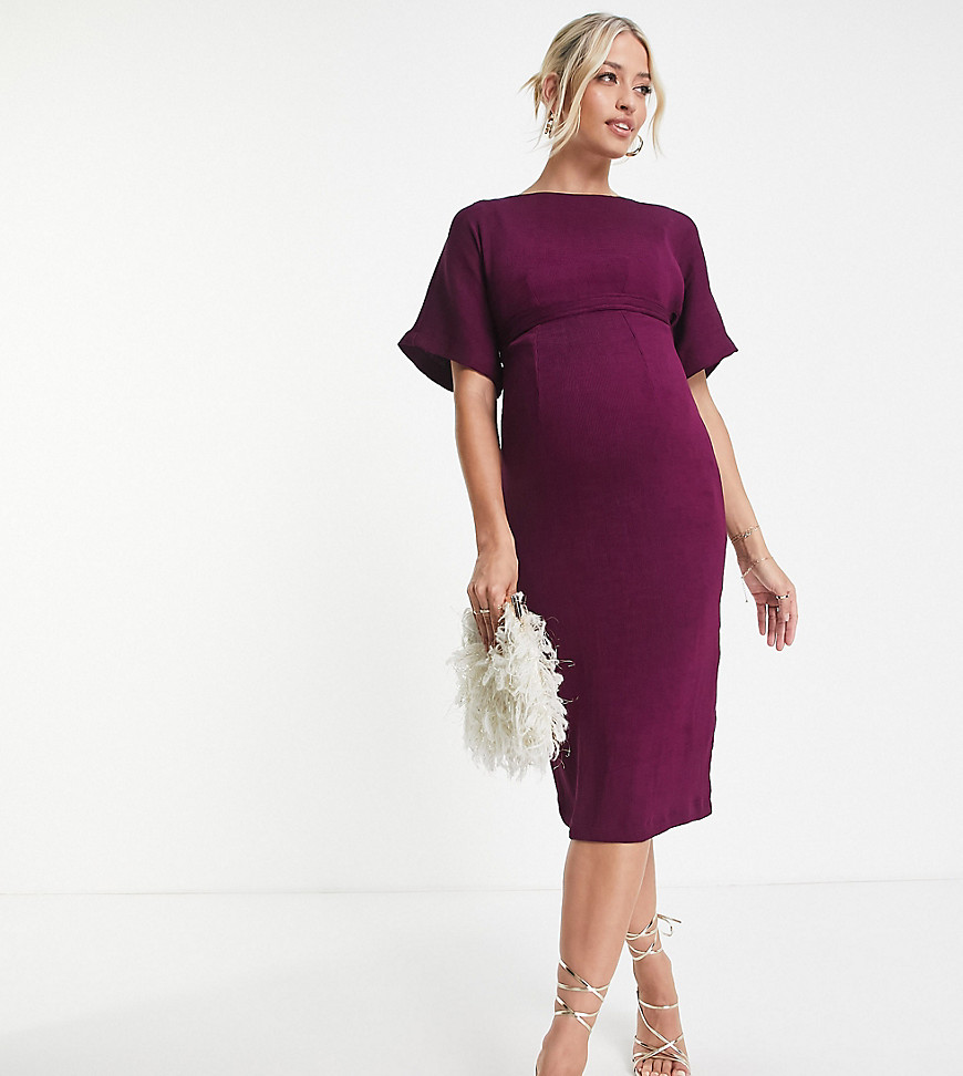 ribbed pencil midi dress in plum-Red
