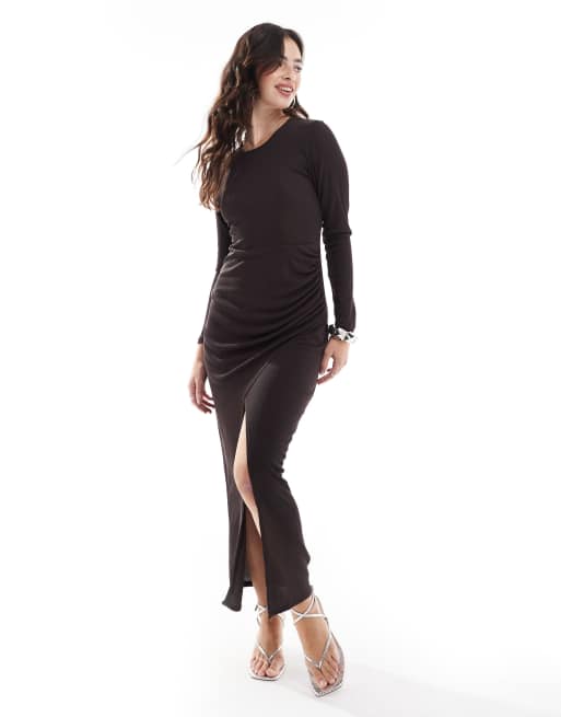 Closet London - Maxi jurk met lange mouwen in chocoladebruin