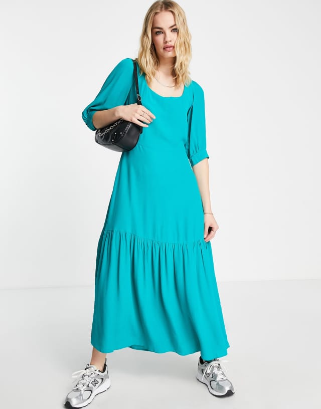 Closet London midi dress with gathered hem and statement sleeve in turquoise