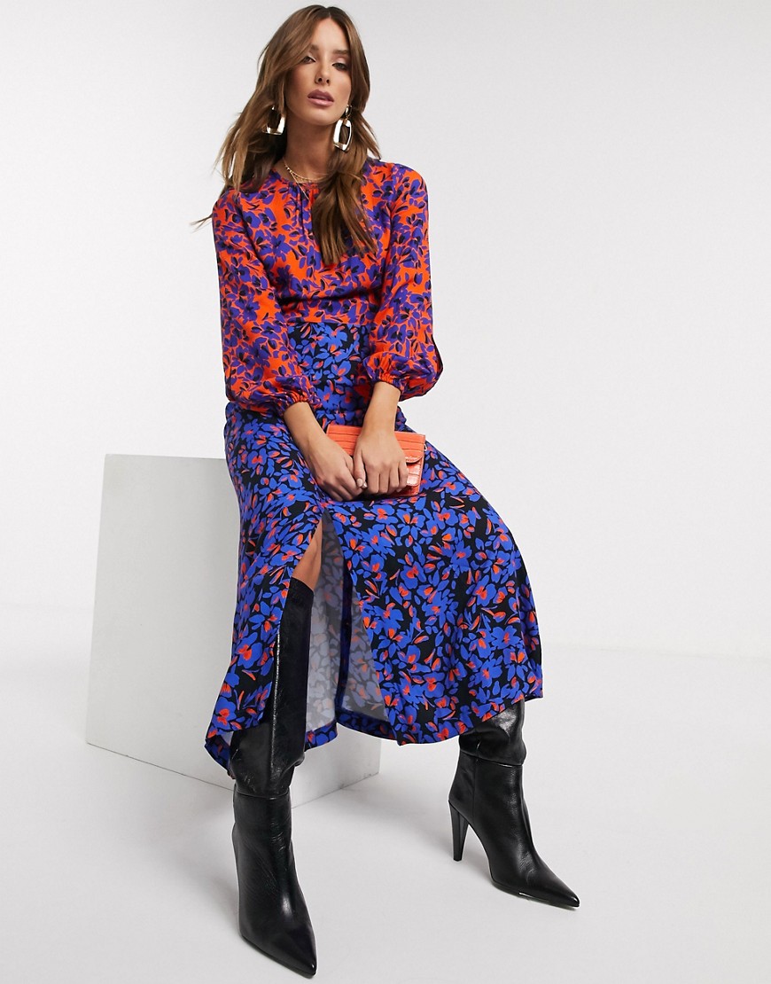 Closet London - Midi-jurk met lange mouwen, split en gemengde bloemenprint-Multi