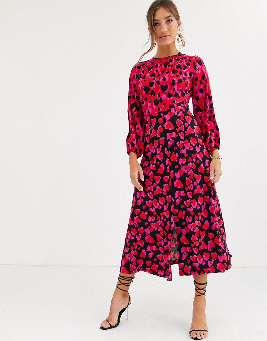 Closet London - Midi-jurk met lange mouwen, split en hartjesprint-Meerkleurig