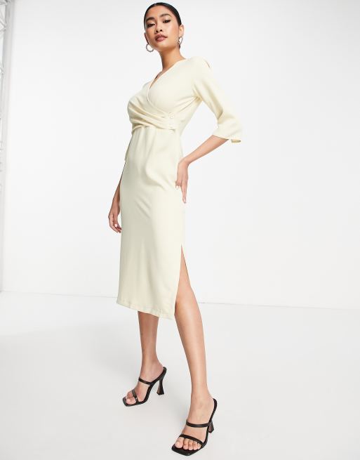 Closet London - Midi-jurk met overslag en knopen aan de zijkant in ecru