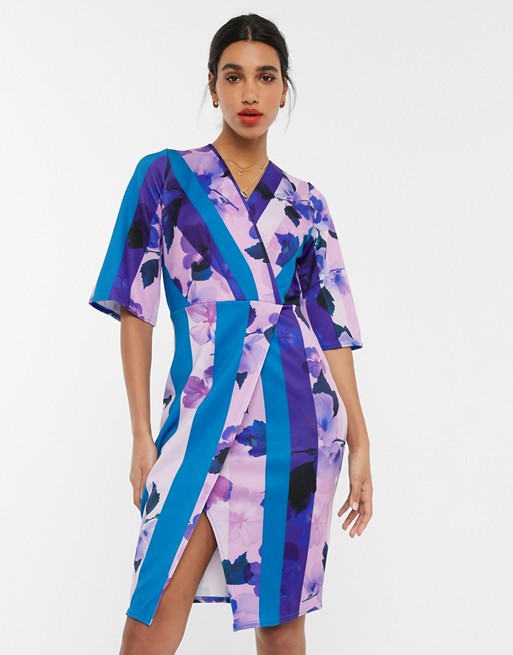 Closet London midi wrap dress with bell sleeve in floral
