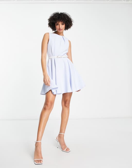 Closet London mini skater dress in light blue with belt ASOS