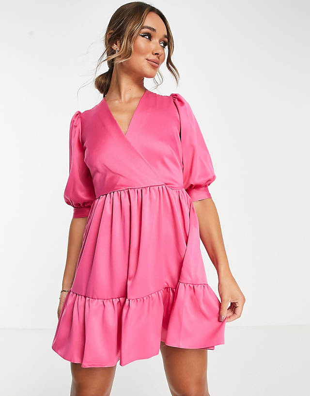 Closet London - mini wrap smock dress in bright pink