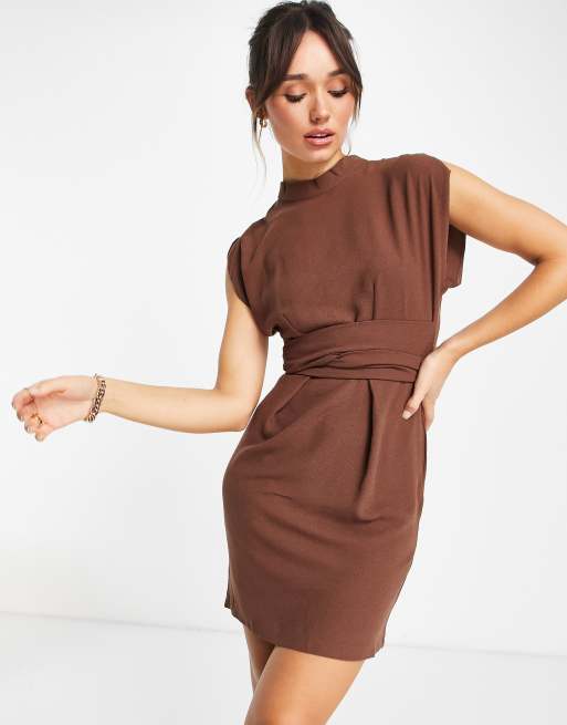 Closet London obi belt mini dress in chocolate ASOS