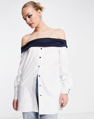 Closet London off shoulder shirt with contrast panel in mono