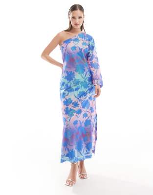 one shoulder midi dress in metallic ombre floral-Multi