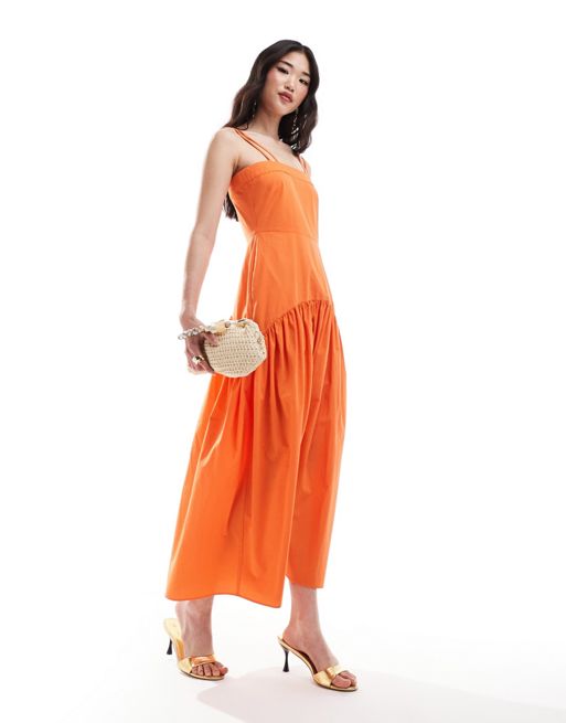 Closet London - Orange midaxi-kjole med sænket kant i bomuld
